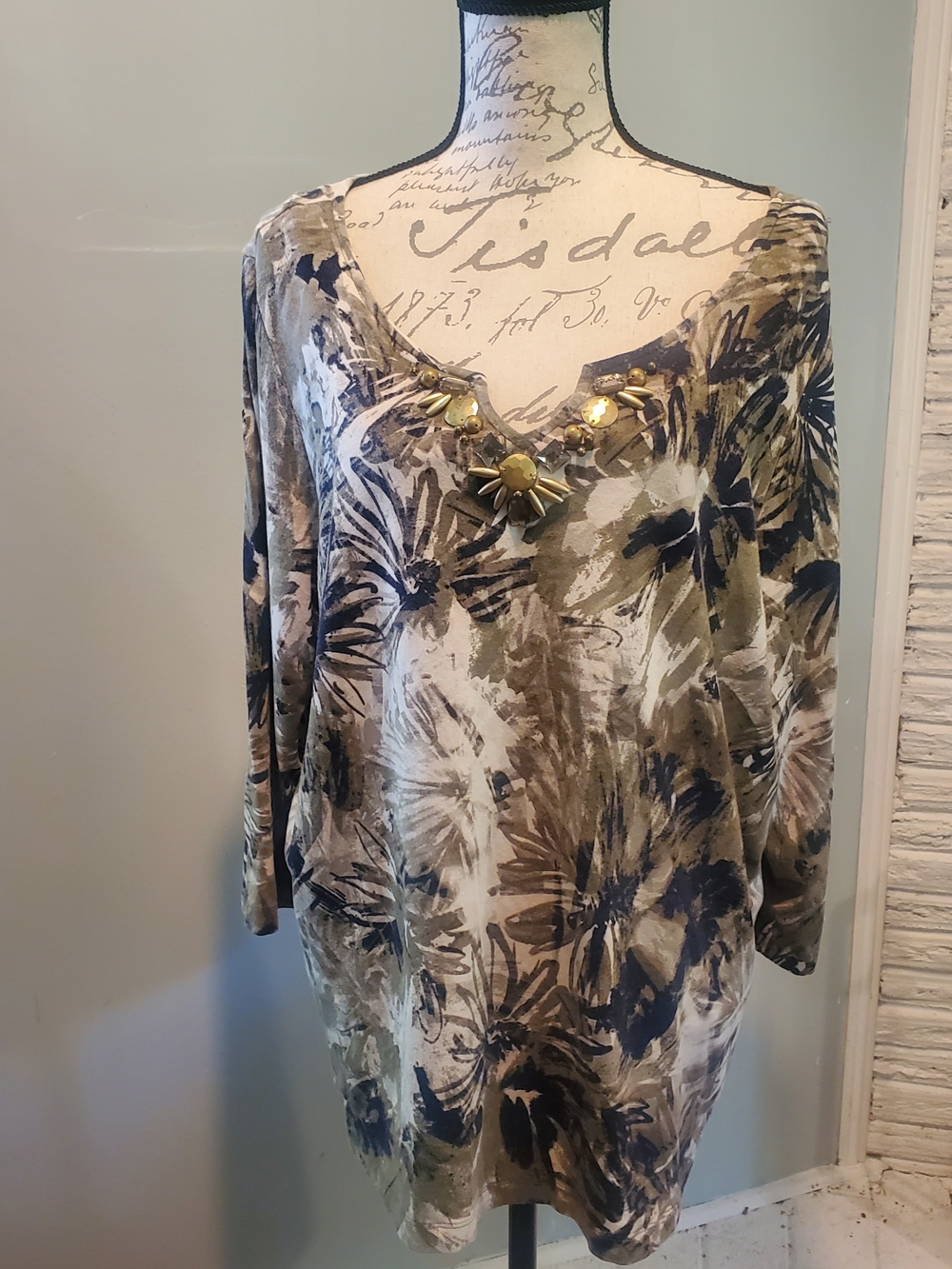 Ruby Rd. Olive and Navy Floral V-Neck Tunic with Embellished Neckline